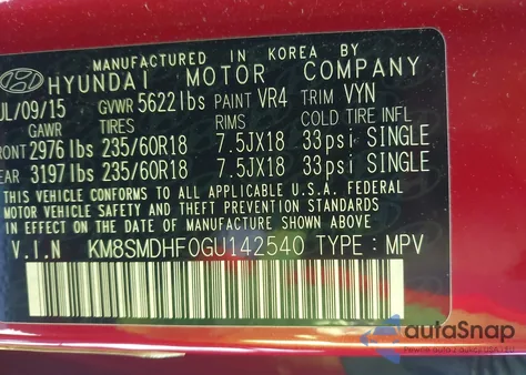 2016 Hyundai Santa Fe Se z USA, uszkodzony, nr VIN KM8SMDHF0GU142540